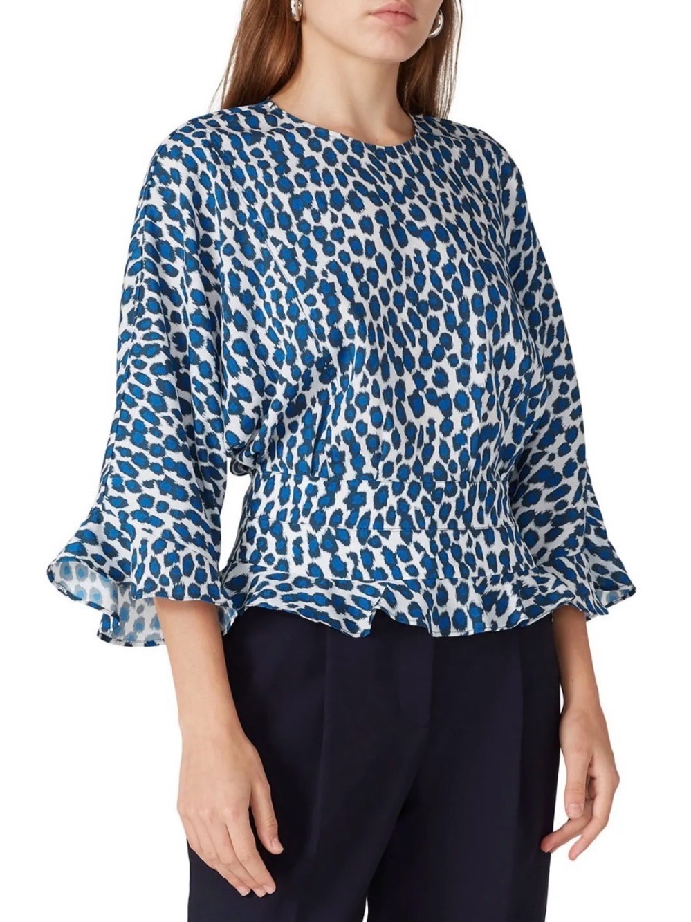 Derek Lam Blue and White Animal-Print Peplum Blouse
